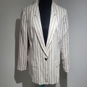 Reitmans Women's Linen Blend Long Line Striped Blazer Size 14 Cream NEW Tailored